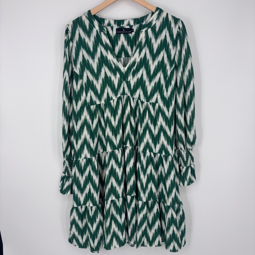 Pomander Place Kenzo Dress Womens XXL Green Ikat Tiered Smocked Tuckernuck